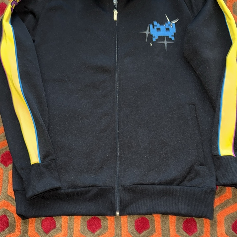 Men's Space Invaders Black Track Jacket with Yellow and Blue Accents XL - Picture 5 of 10